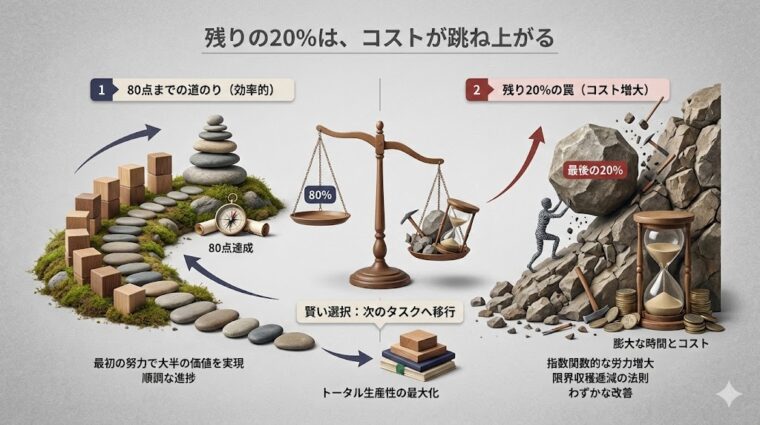 残り20%の完成度を求める際にコストが跳ね上がる「限界収穫逓減の法則」。80点達成後のトータル生産性を最大化するための判断基準の図解。