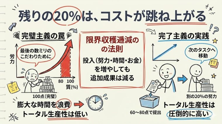 残り20%の完成度を求める際にコストが跳ね上がる「限界収穫逓減の法則」。80点達成後のトータル生産性を最大化するための判断基準の図解。