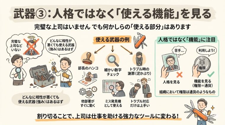 アイキャッチ画像:交渉スキル③上司の人格ではなく「使える機能」に注目して仕事の主導権を握る考え方の画像