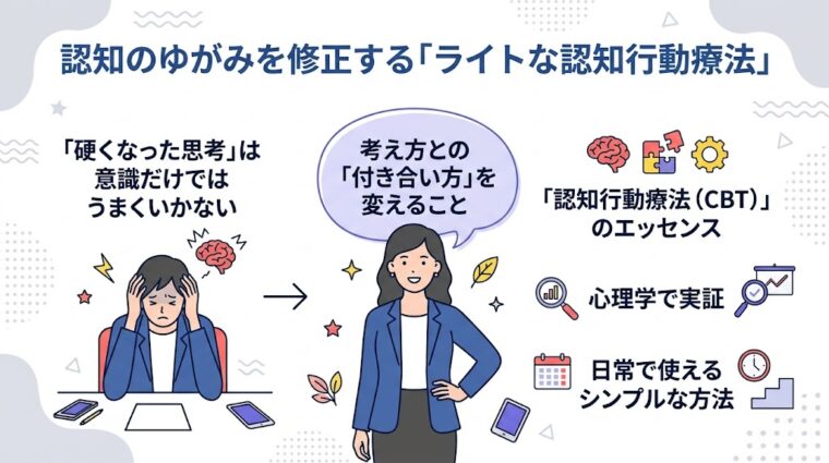 プレゼンテーションスライド:意識だけでは変えにくい思考の硬化に対し、考え方との付き合い方を変える「ライトな認知行動療法(CBT)」の有効性を解説した画像。