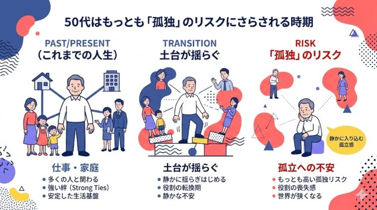 アイキャッチ画像:50代の孤独リスクの原因と役割の喪失について要点を整理した画像