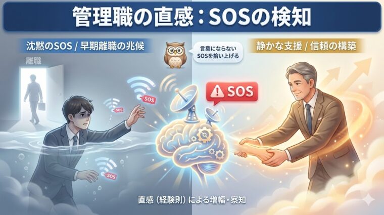 管理職が経験則に基づく直感で、部下の言葉にならないSOSや離職の兆候を早期に察知し、信頼関係を構築する様子を表現した画像。