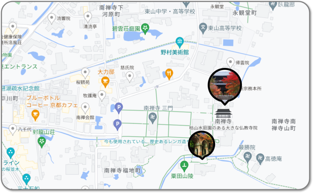 京都の地図：南禅寺と水路閣の地図