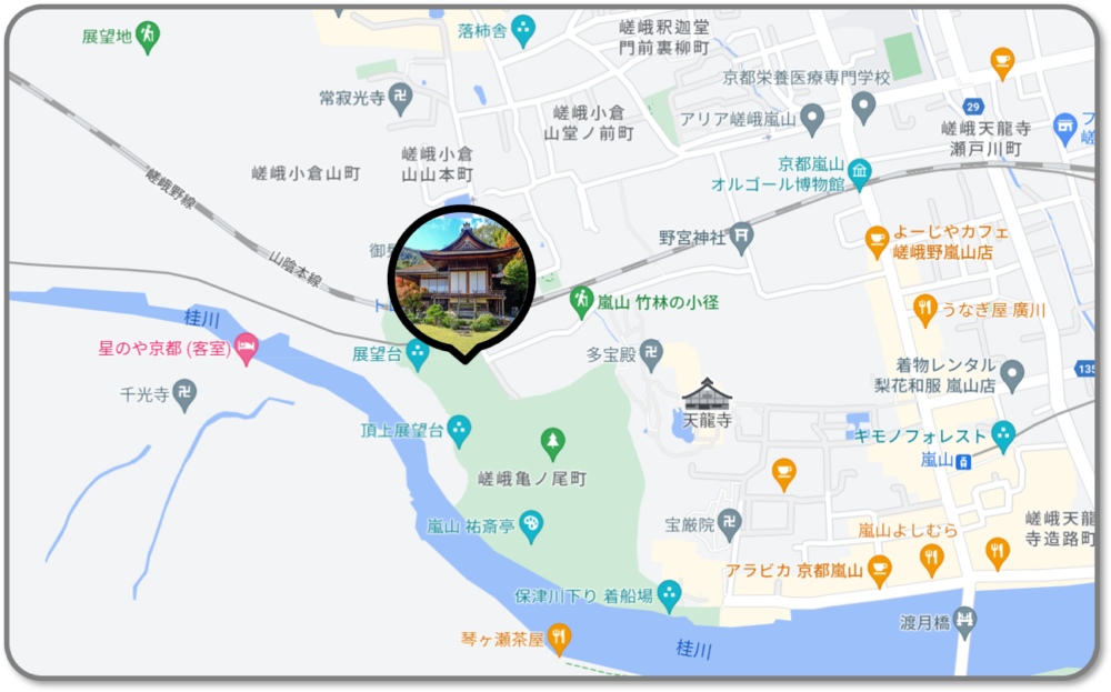 京都の大河内山荘の所在地の地図