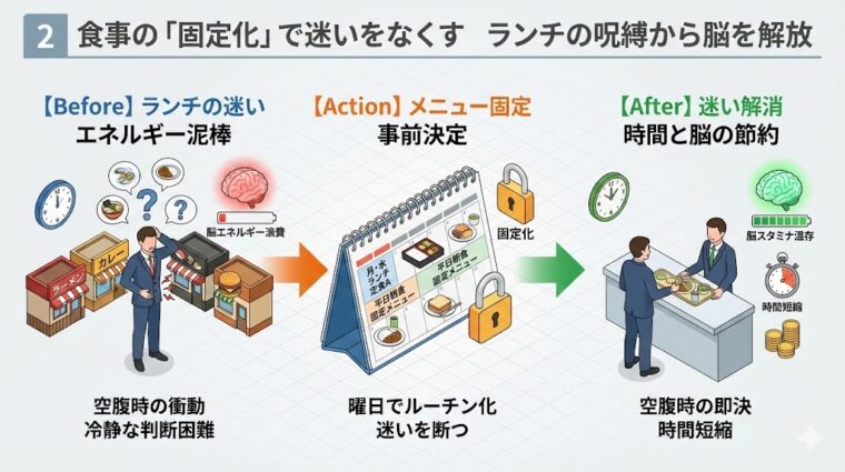 実践例画像:食事のメニューを「固定化」し、日中の判断ミスを防いで仕事の生産性を高める仕組みを整理した画像
