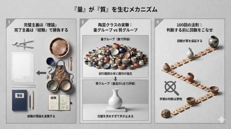「量」が「質」を生むメカニズムの解説。完璧主義な「理論」よりも、完了主義による「経験」と回数が質を保証することを説明する画像。
