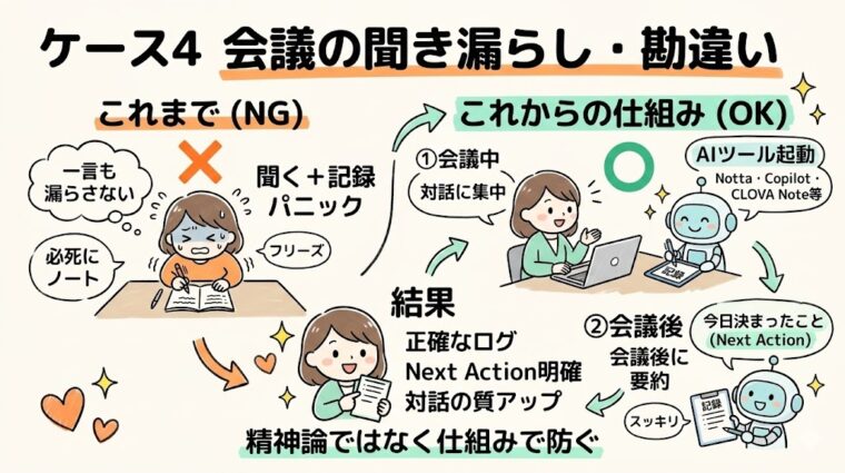 AIによる自動文字起こしと要約生成を活用し、記録を仕組み化することで対話に集中し情報を守る業務フロー。