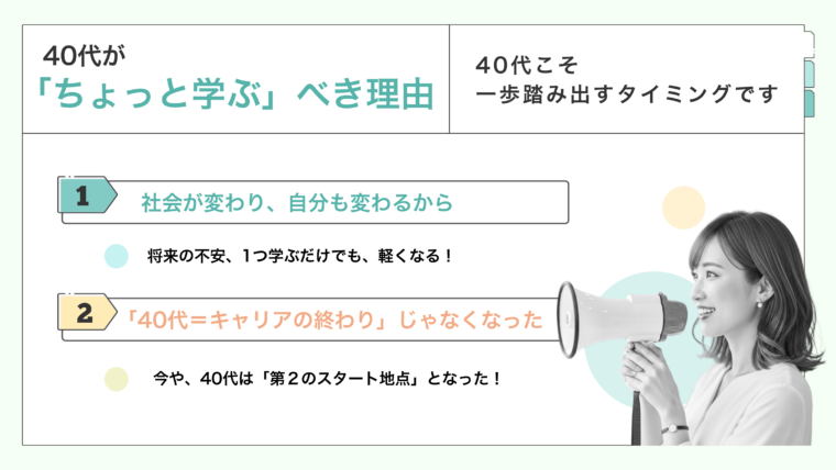 40代の中高年ビジネスマンがキャリアチェンジや転職、学び直しを検討する理由を要約した、プレゼンテーション形式の画像