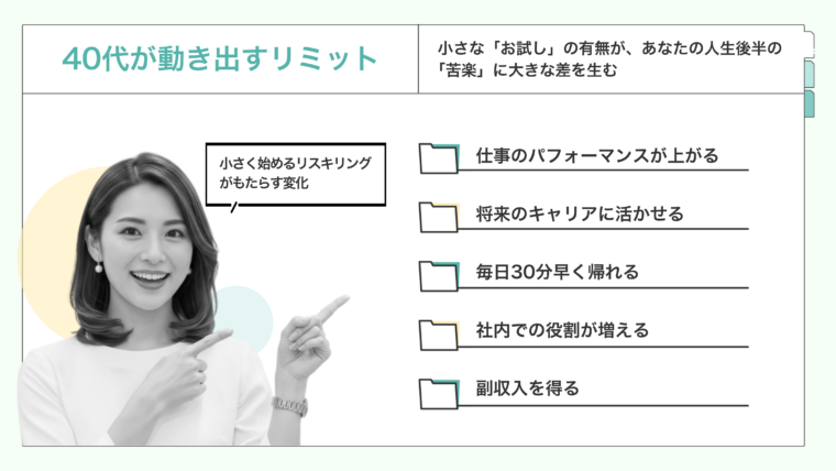40代のビジネスパーソンが小さく始めるリスキリングによって得られる、仕事のパフォーマンス向上、将来のキャリアへの活用、時間的余裕、社内での役割増加、副収入などのメリットをリスト形式で提示したイメージ