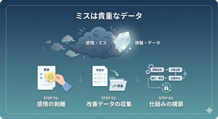 ミスから感情を切り離し、改善データを収集して再発防止の仕組みを構築する、成長マインドセットのプロセス解説図。
