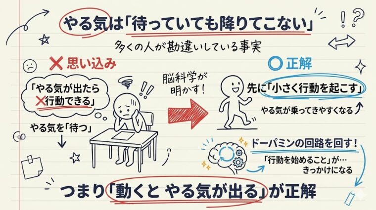 アイキャッチ画像:「やる気は待っていても降りてこない」という事実に基づき、受動的な停滞から能動的な始動へ切り替える重要性を整理した画像