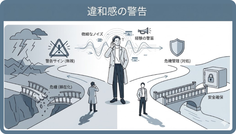 表面上のデータでは完璧に見える案件でも、過去の経験から生じる「違和感」を最大のリスクヘッジとして活用する重要性を説く図。