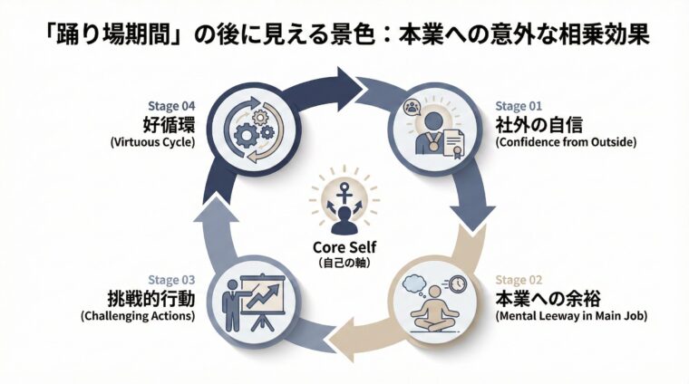 キャリアの踊り場期間を経て、社外での自信が本業への精神的余裕や挑戦的行動へとつながり、自己の軸を強化する好循環(ポジティブサイクル)を生み出すプロセス図