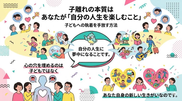 子離れの本質は「親が自分の人生に夢中になること」だと解説するインフォグラフィック