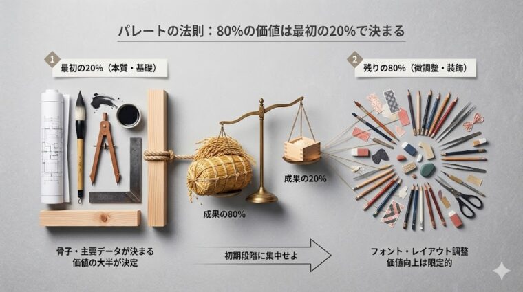 パレートの法則(80:20の法則)を用いた価値創造の解説。最初の20%の努力で成果の80%が決まる、初期段階への集中の重要性を示す画像。
