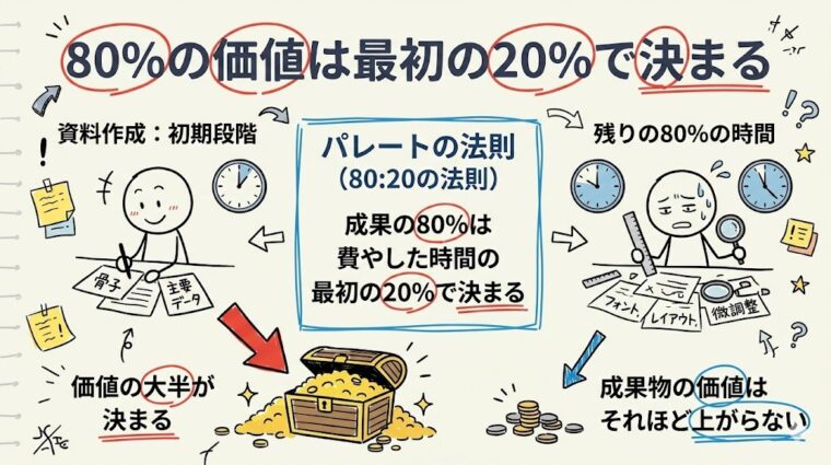 パレートの法則(80:20の法則)を用いた価値創造の解説。最初の20%の努力で成果の80%が決まる、初期段階への集中の重要性を示す画像。