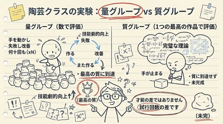 陶芸クラスの実験例を用いた、量と質の関係。最も優れた作品を生むのは才能ではなく「試行回数の差」であることを証明する結果の図解。