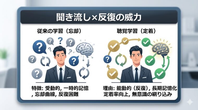 アイキャッチ画像:聞き流しと反復学習が、知識の長期記憶化やスキルの無意識的な定着に有効な理由を整理した画像