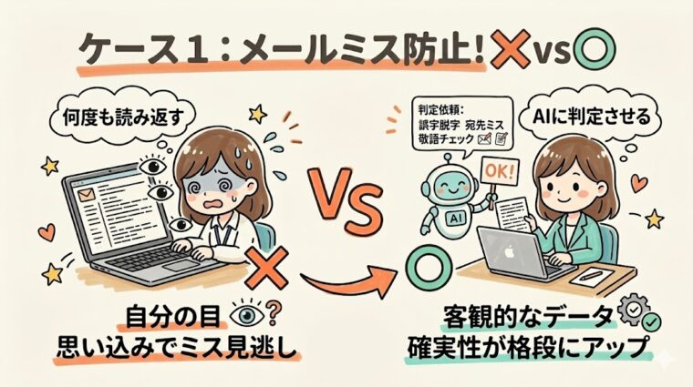 手動チェックによるメール誤送信のリスクと、AI校正・照合によって客観的にリスクを低減するプロセスの比較図。