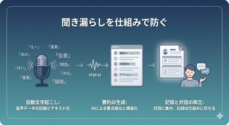 AIによる自動文字起こしと要約生成を活用し、記録を仕組み化することで対話に集中し情報を守る業務フロー。