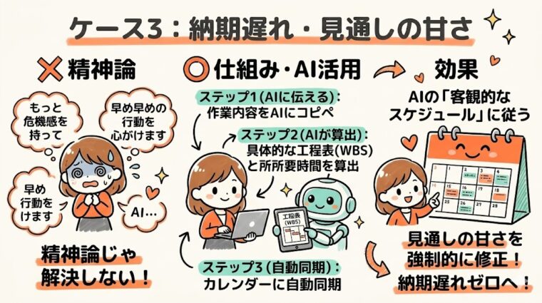 AIによるWBS自動生成と、予備費(バッファ)を確保した客観的なプロジェクト日程管理のメリットを示す図。