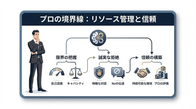 アイキャッチ画像:「プロの境界線:リソース管理と信頼」をテーマに、限界の把握から誠実な拒絶、信頼構築までのプロセスを図解した画像