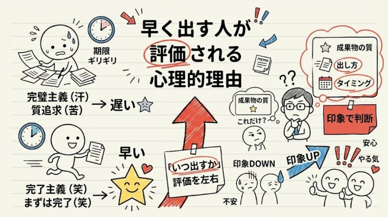 仕事が早い人が評価される心理的理由。アンカリング効果による主導権確保と、実用最小限の製品(MVP)でフィードバックを得る戦略の解説。