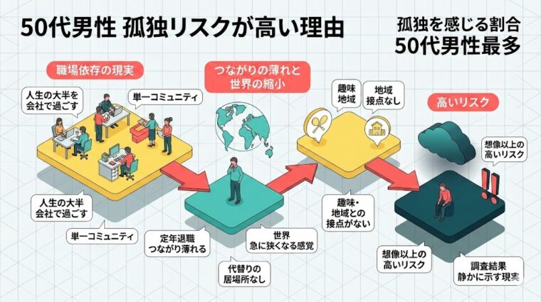 アイキャッチ画像:50代男性の孤独リスクが高い理由と職場依存の弊害をまとめた画像