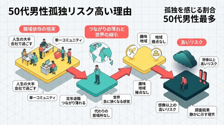 アイキャッチ画像:50代男性の孤独リスクが高い理由と職場依存の弊害をまとめた画像