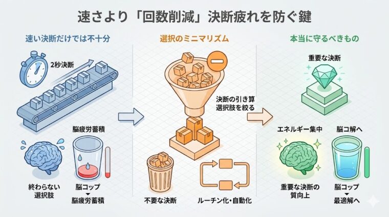 図解画像:決断回数を減らす「選択のミニマリズム」を取り入れ、重要な判断に脳の資源を集中させる重要性を説く画像