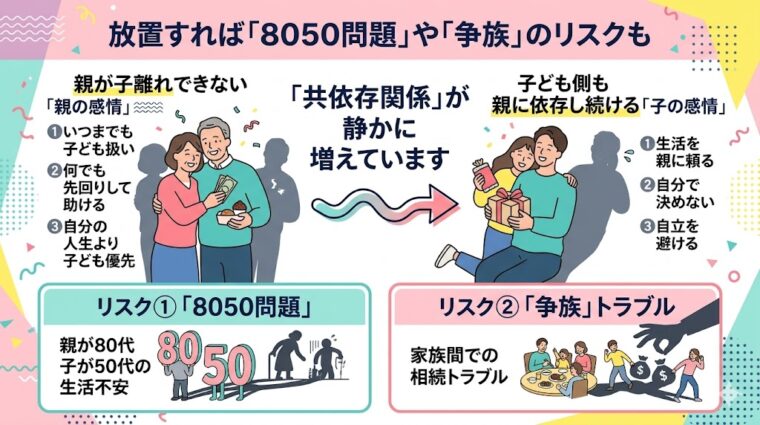 親子の共依存が招く「8050問題」や「争族(相続トラブル)」のリスクをまとめた画像