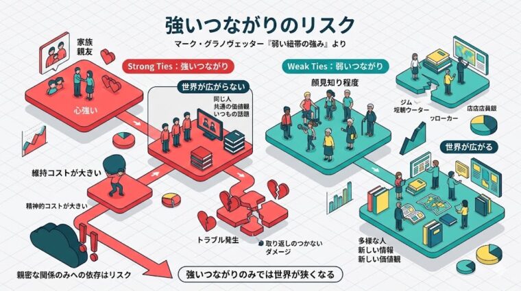 アイキャッチ画像:強い繋がりと弱い繋がりの違いと、社会的な広がりへの効果を比較した画像
