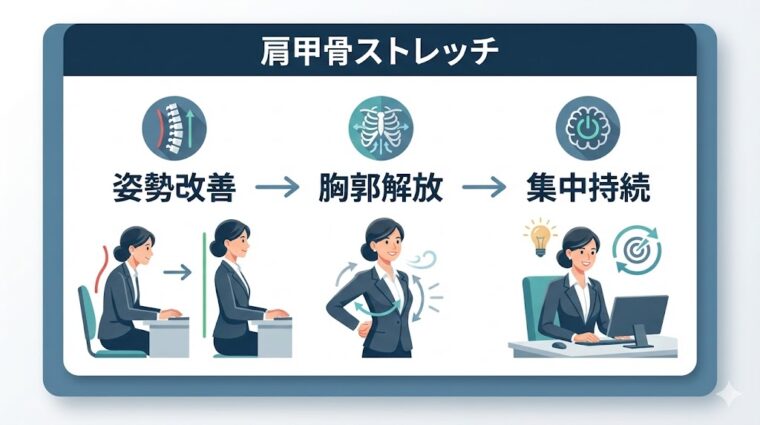 図解画像:デスクワーク中の姿勢改善と胸郭解放が集中力を持続させる「肩甲骨ストレッチ」の効果を整理した画像