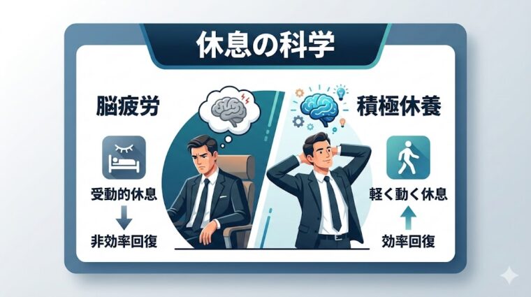 アイキャッチ画像:受動的休息と積極休養(アクティブレスト)による回復効率の違いを整理した画像