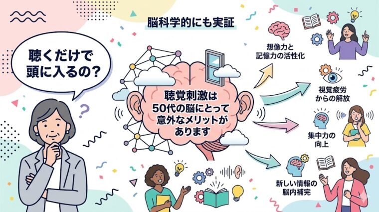 聴覚刺激が50代の脳に与える「想像力の活性化」や「集中力の向上」などのメリットを脳科学的視点でまとめたイラスト。