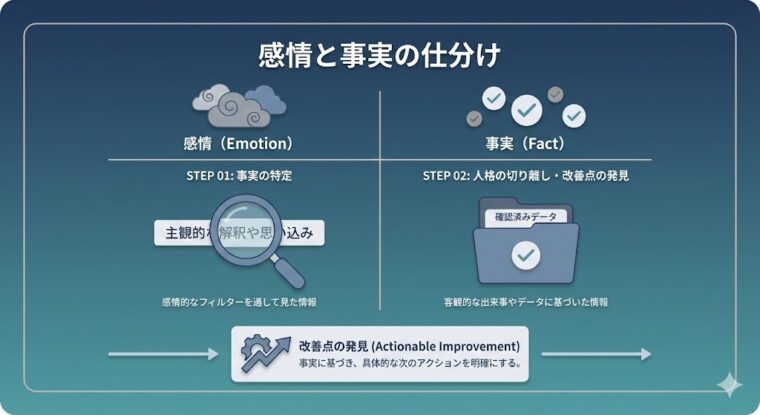 主観的な思い込み(感情)と客観的な出来事(事実)を仕分けし、具体的な改善点を発見するための思考フレームワーク。