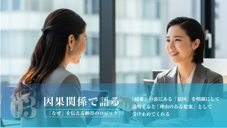 「因果関係で語る」- 2人の笑顔の女性ビジネスパーソンが対話するイメージとともに、「なぜ」を伝える納得のロジックとして、結果の裏にある「原因」を明確にすることで、理由のある提案として受け止めてもらう重要性を説いたアイキャッチ。