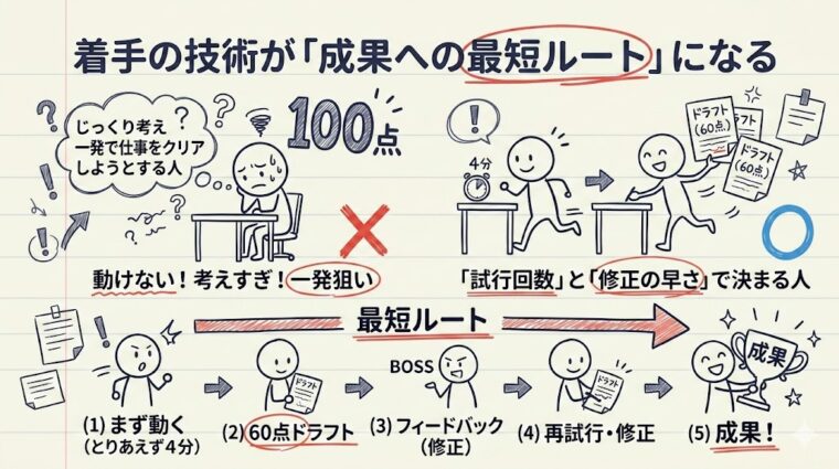 アイキャッチ画像:着手の技術から試行回数を増やし、改善サイクルを高速で回すことで最終的な成果の質を最大化させる最短ルートを整理した画像
