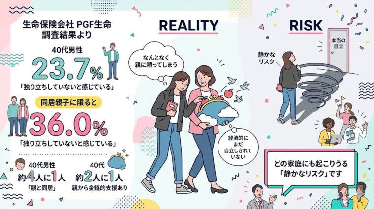 40代男性の自立の実態調査と、親からの経済的支援が招く「静かなリスク」を提示した画像