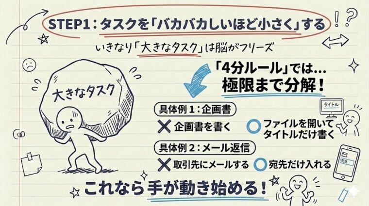 アイキャッチ画像:認知負荷を最小限に抑え、容易な成功体験から着手の自動化を実現するためのタスク極小化のステップを整理した画像