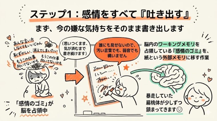 手書きノートに感情を書き出す(ジャーナリング)ことで脳の負荷を軽減し、扁桃体を鎮静化させる感情デトックスの仕組み。