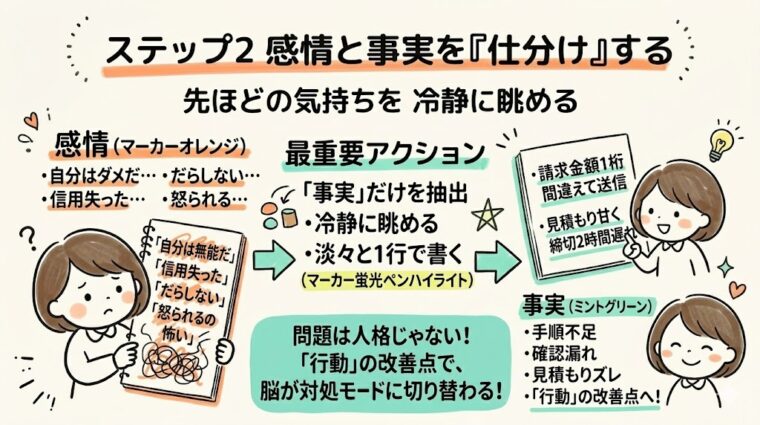 主観的な思い込み(感情)と客観的な出来事(事実)を仕分けし、具体的な改善点を発見するための思考フレームワーク。