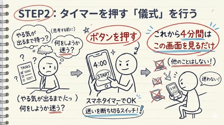 アイキャッチ画像:集中への引き金となる「指先の動作信号」から、思考を停止させて「実行のスイッチ」をONにする仕組みを整理した画像