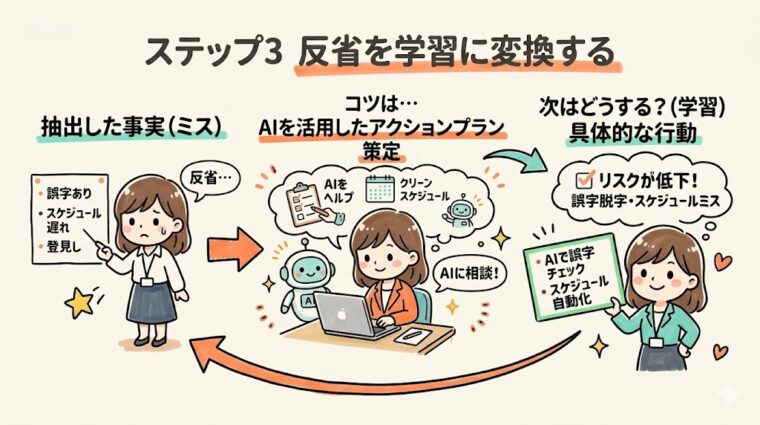 生の事実をAIで分析し、具体的なアクションプランや新しい仕組みへと変換する、継続的な学習と進化のフローチャート。