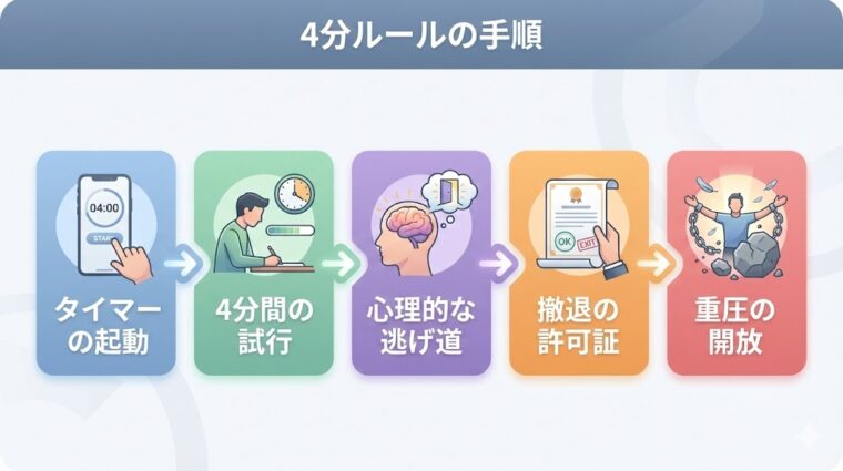 アイキャッチ画像:タイマーを起動して4分間だけ試行し、心理的な逃げ道を作ることで行動への重圧を解放する「4分ルール」の具体的な手順を整理した画像