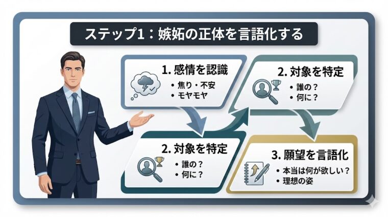 ステップ1として、嫉妬の正体を言語化するために感情の認識から本当の願望を特定する手順を解説した図解画像