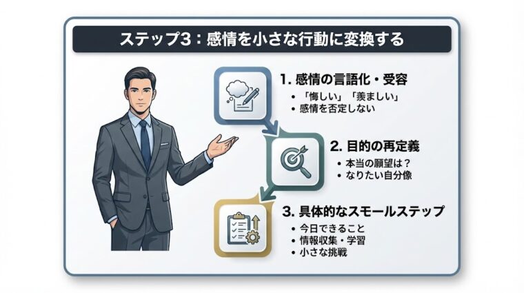 ステップ3として、言語化した感情を目的の再定義から具体的なスモールステップの行動に変換する方法を説明した図解画像