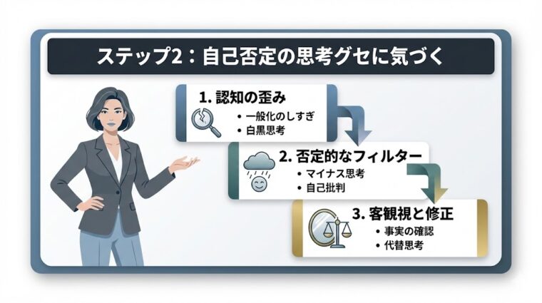 ステップ2として、自己否定の思考グセに気づき、認知の歪みを客観視して修正する具体的なプロセスをまとめた解説画像