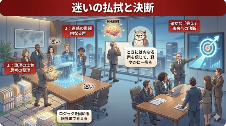 論理で土台を固めた上で、最後は内なる声(経験則)に従って迷いを払い、未来への確かな一歩を踏み出す決断のステップを描いた図。