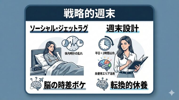 比較画像:社会的時差(脳の時差ボケ)を防ぎ、週末の設計で休養の質を高める「戦略的週末」の考え方を整理した画像